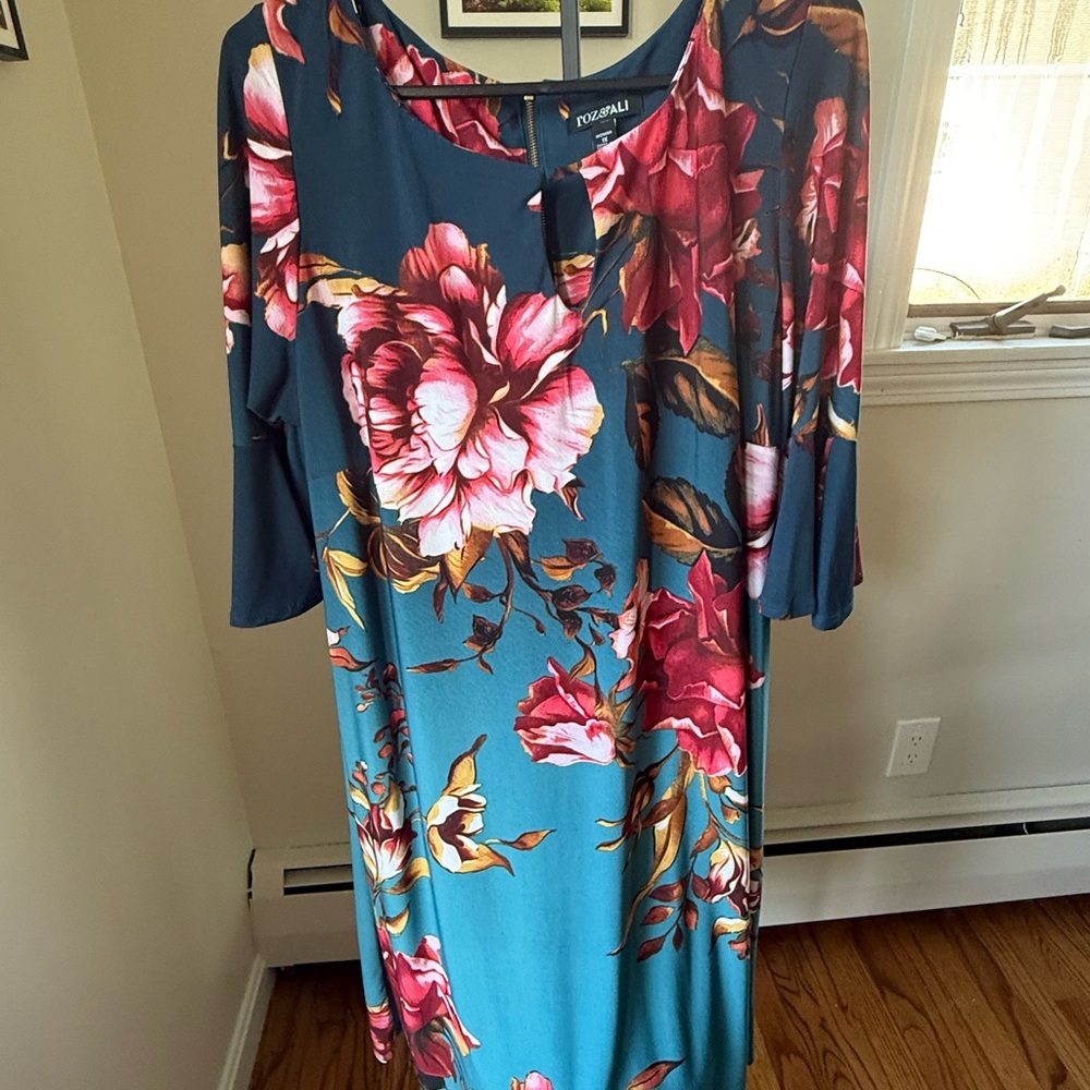 dressbarn Teal and Pink Floral Long Sleeve Dress